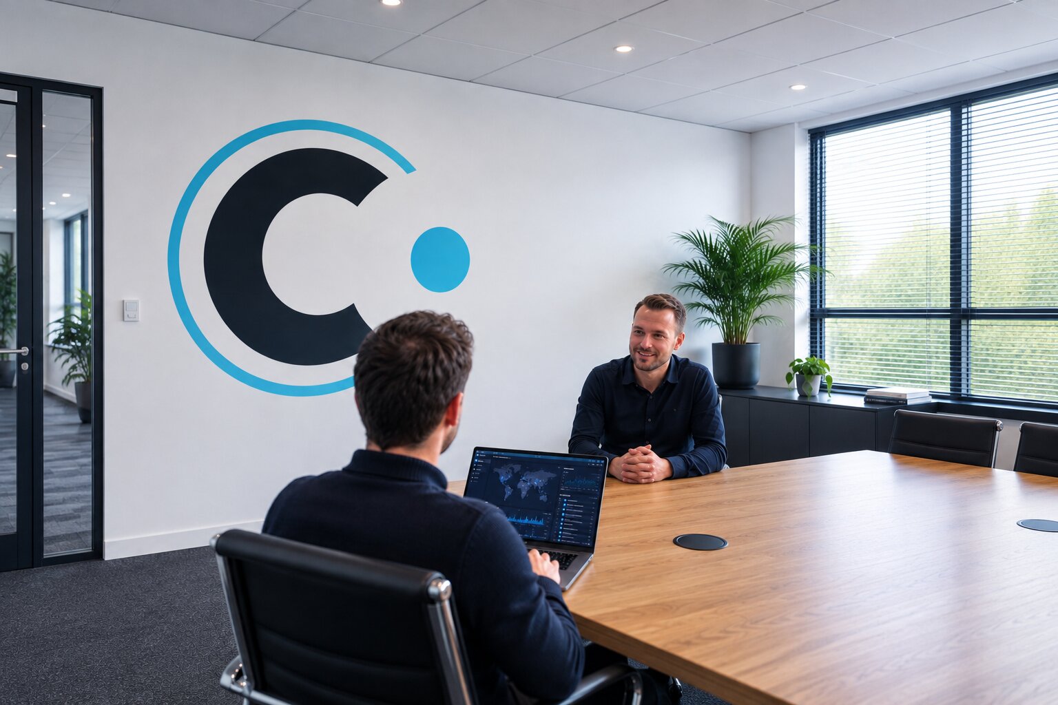 Connect IT-adviseur bespreekt een securitydashboard met een klant aan de vergadertafel