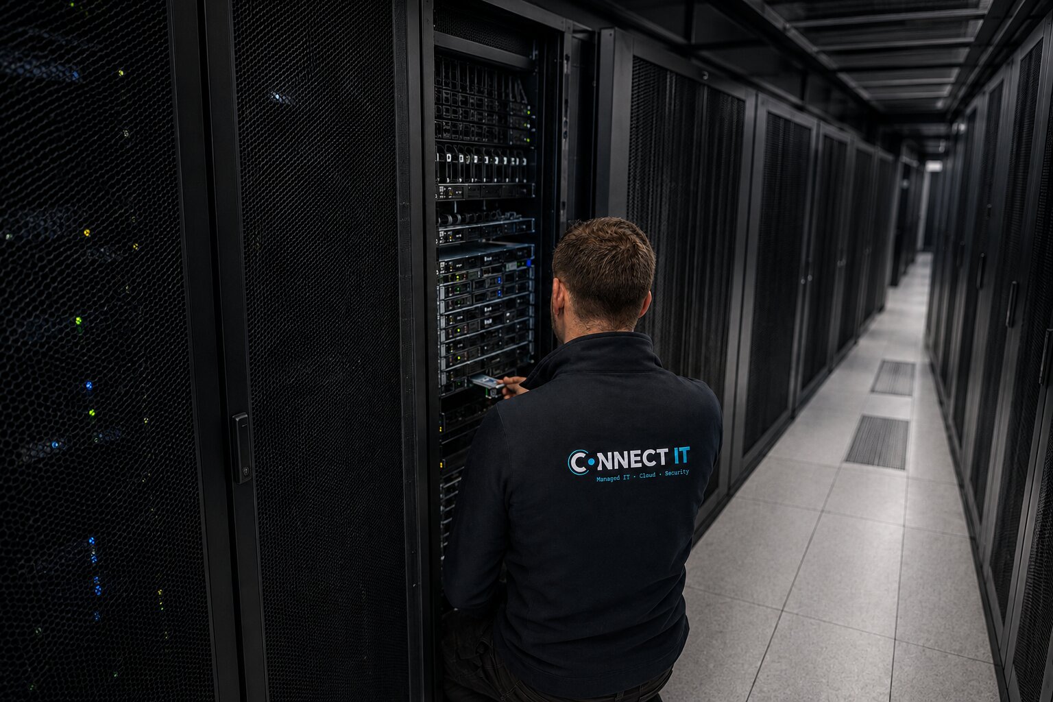 Connect IT-engineer werkt aan een server in een rack in het datacenter