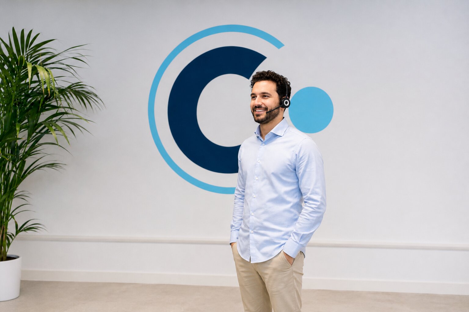 Servicedeskmedewerker van Connect IT met headset bij de logowand op kantoor