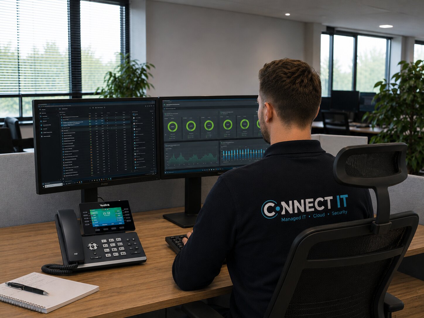 Connect IT-medewerker werkt met een VoIP-toestel en telefonie-dashboards op kantoor
